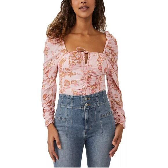 Free People Hilary Printed Long Sleeve Top In Pink Combo - Picture 1 of 4